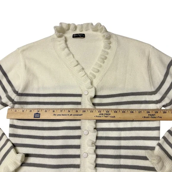 Pretty Garden Cardigan Sweater Women M Stripes Nautical Buttons Soft Ruffle - Picture 4 of 9